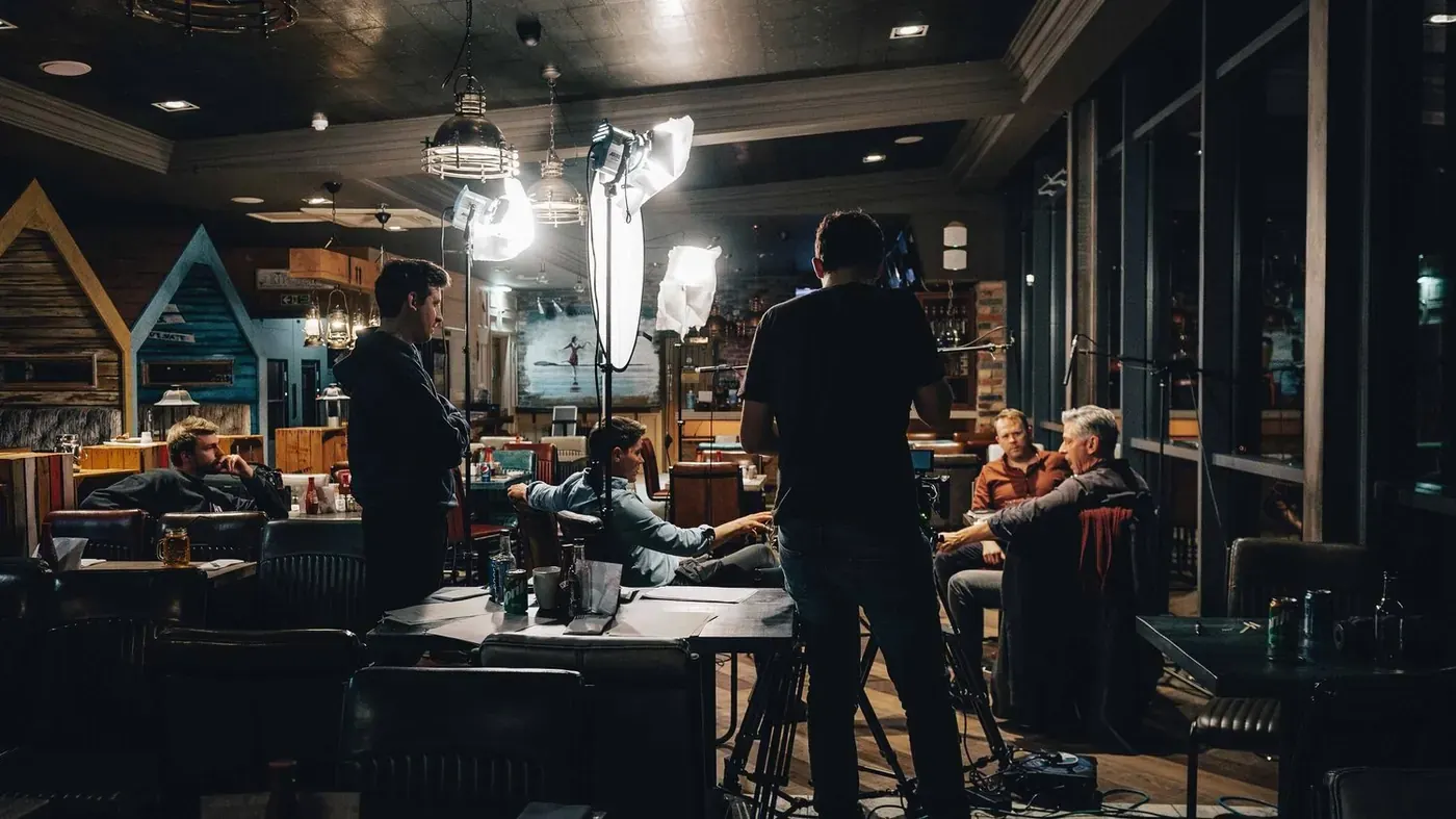 Liam Togher, Mark G Smith, Rob Symes, Alex Stockley, Toby Williams and David Mills on set in the restaurant