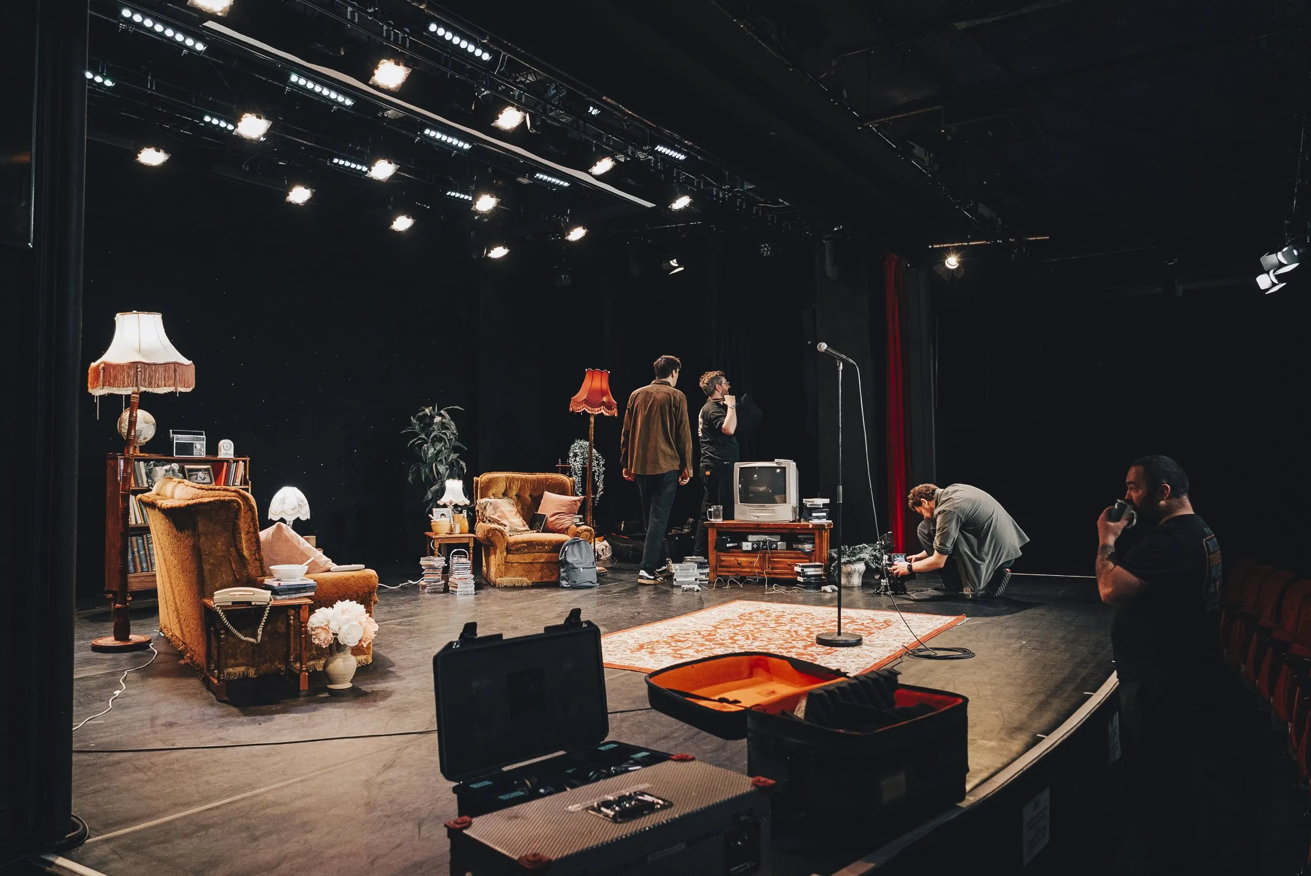 The crew setting up the White Elephant stage at Leicester Square Theatre